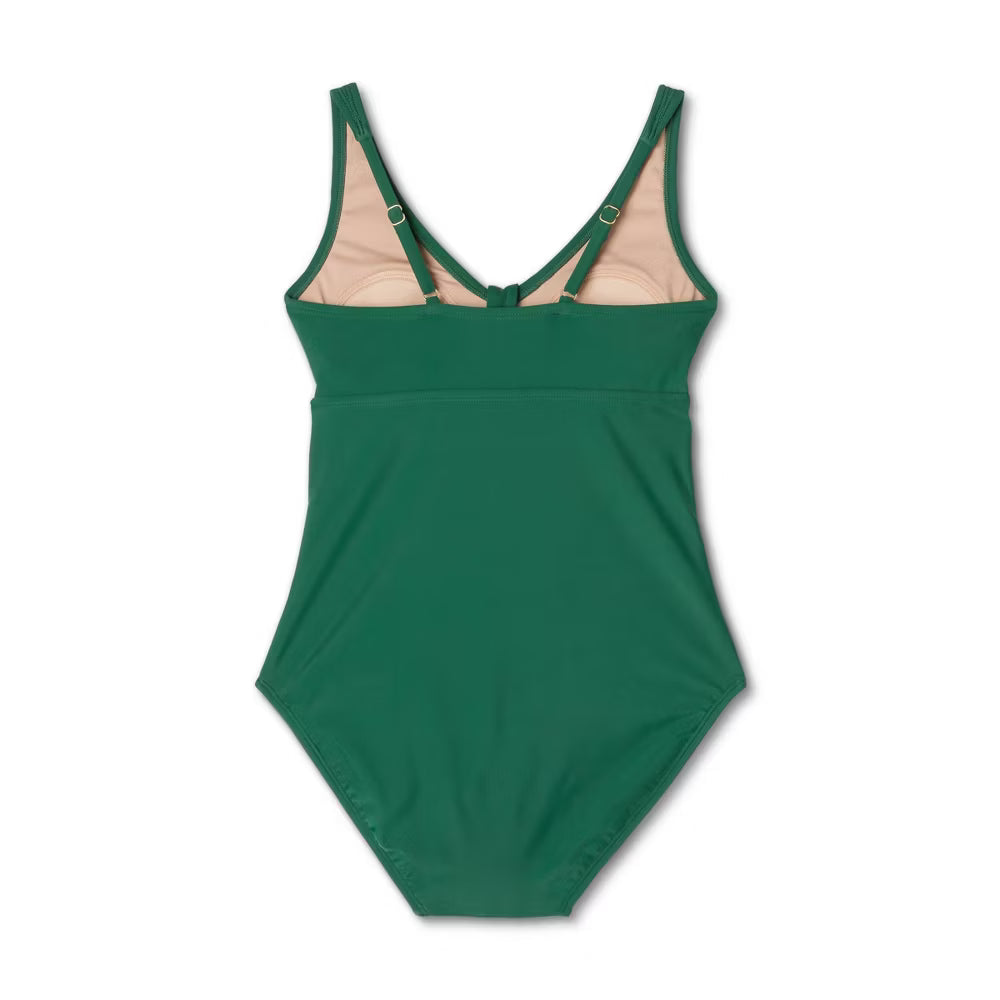 New With Tags Women's Tie Front Ruched Full Coverage One Piece Bathing Suit Kona Sol Green