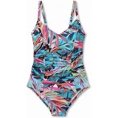 Women's UPF50 Shirred V-Neck One Piece Aqua Green Multi Tropical Small swimsuit New with tags
