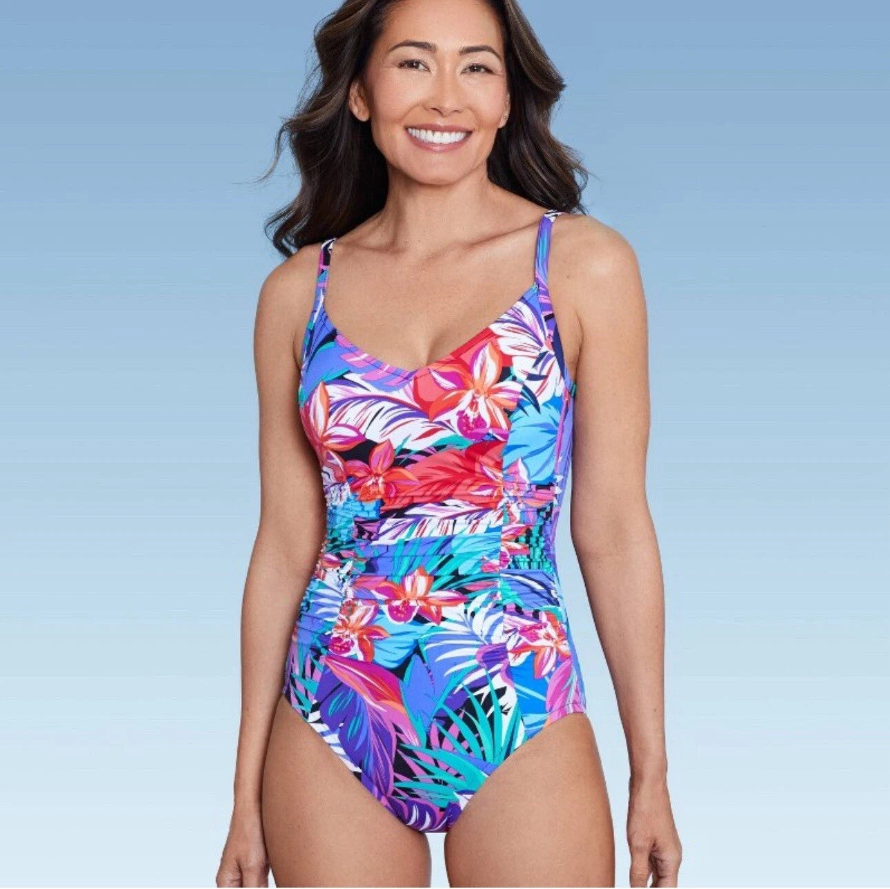 Women's UPF50 Shirred V-Neck One Piece Aqua Green Multi Tropical Small swimsuit New with tags